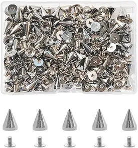 100 Pairs Cone Spikes, 7X10mm Metal Bullet Cone Spikes, Metal Tree Spikes for Clothing Leather Belts Cool Rivets (Silver)