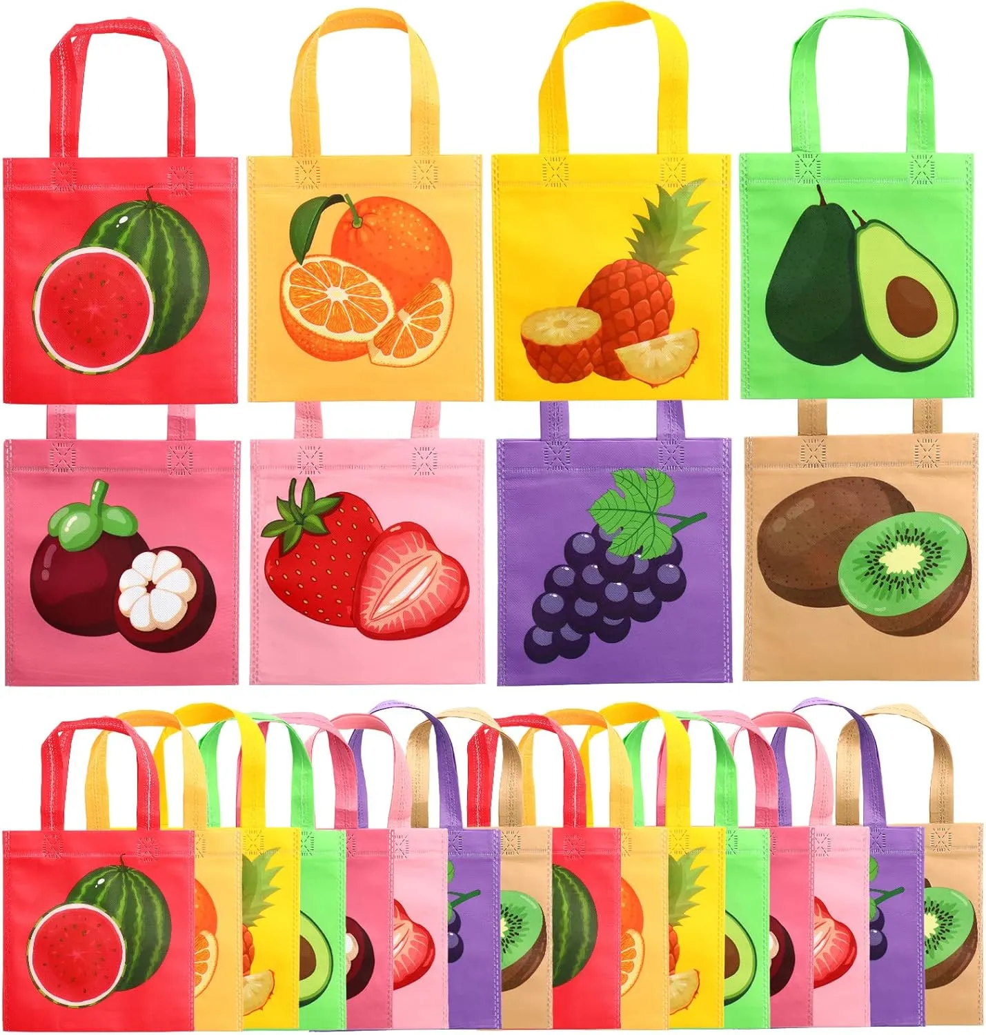 24 Pack Mix Fruits Party Favor Bags Summer Hawaiian Gift Bags Waterproof Non Woven Fruit Theme Tote Bags Reusable Luau Party Goody Treat Bags with Handle for Kids Birthday Tutti Fruity Party Supplies