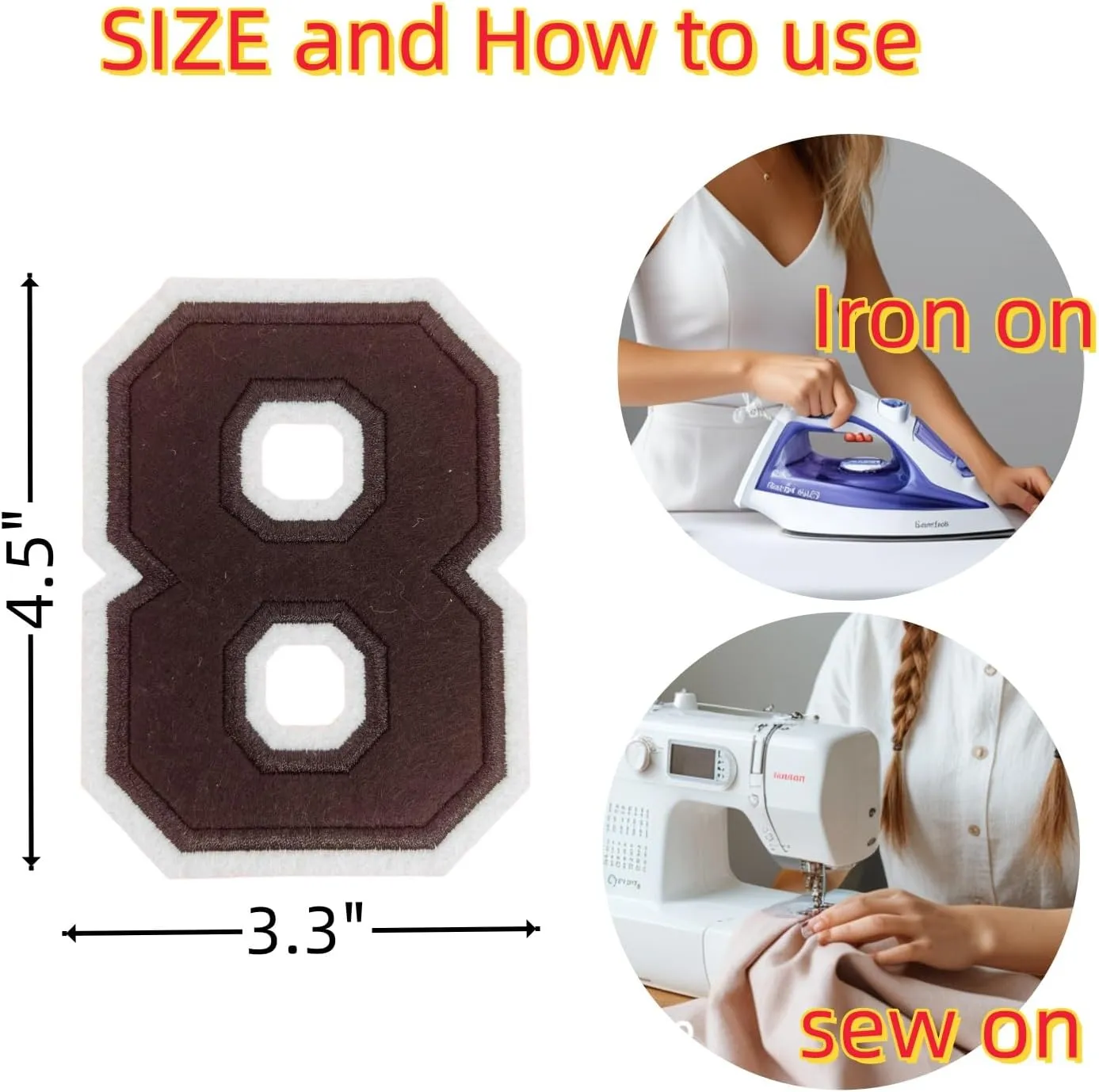 2Pcs 4.5" Black Embroidered Number Patches, Iron-On or Sew-On Appliques for Clothing, Jackets, Backpacks  Varsity Style with White Border (Black 8)
