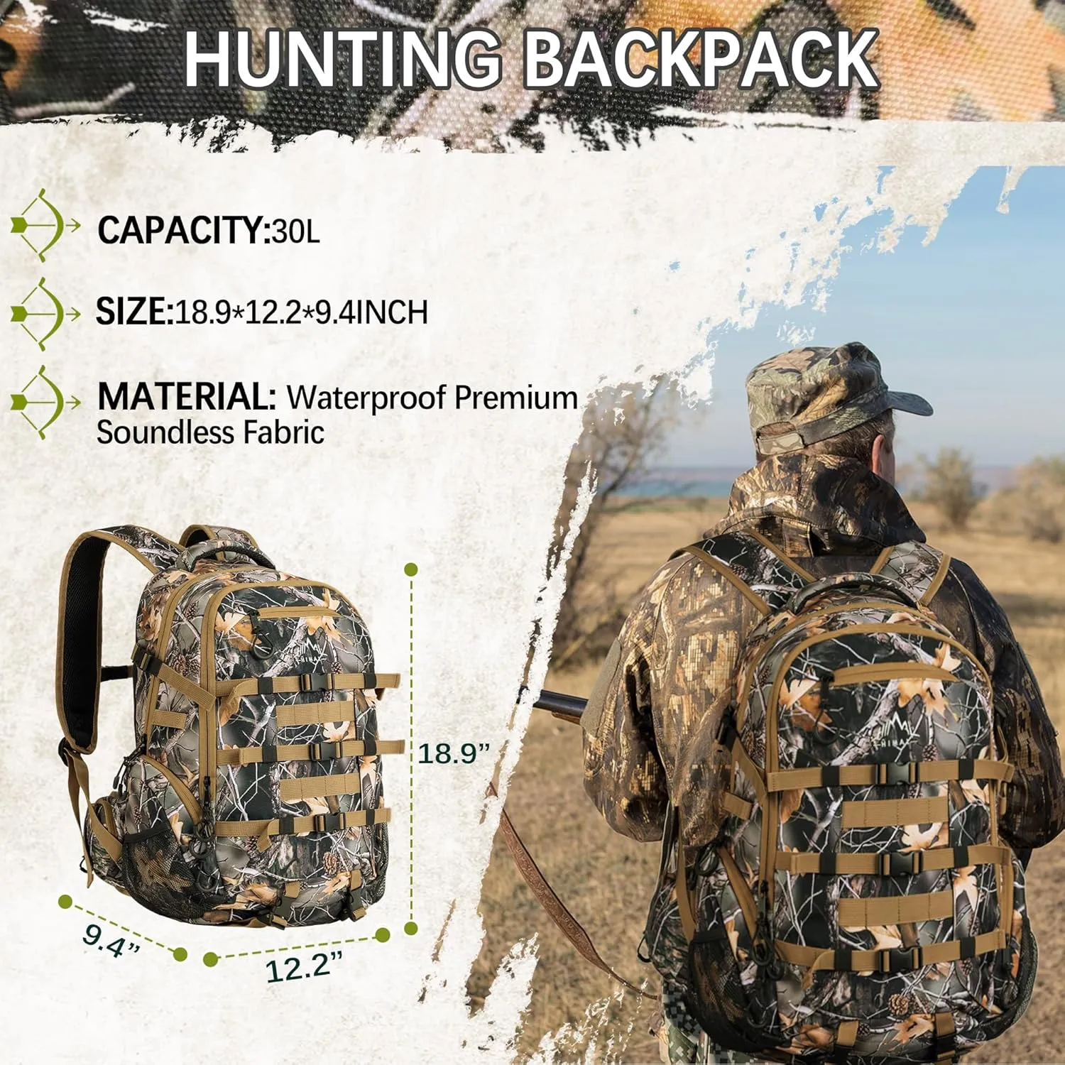 600D Waterproof Hunting Backpack for Men,Camo Hunting Pack with Bow Holder