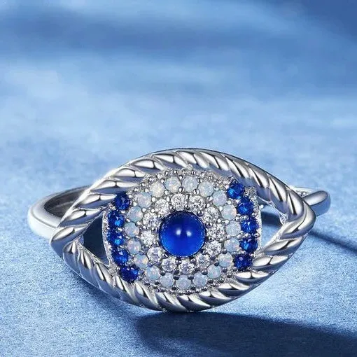 925 Sterling Silver Blue Color Devils Eye Opening Adjustable Ring for Women
