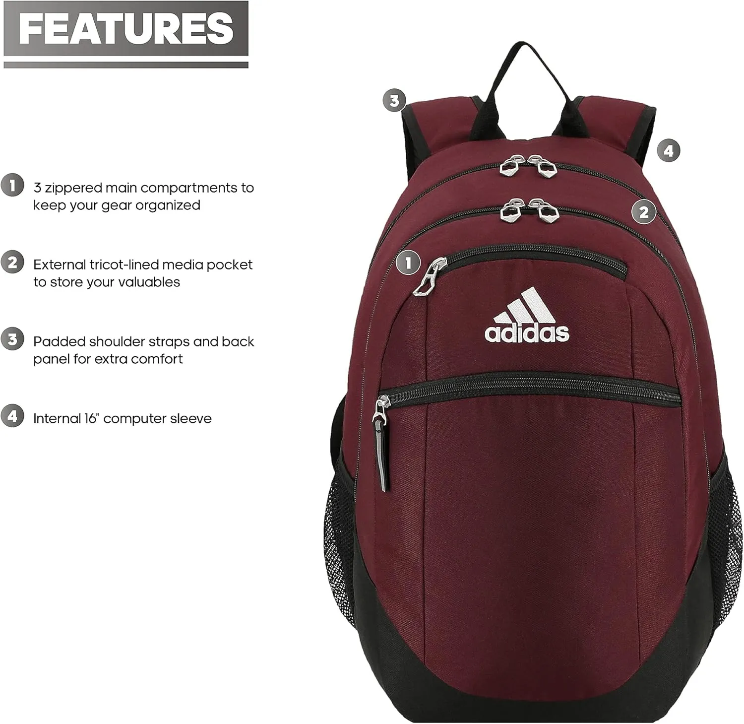 adidas Striker Sports Backpack Durable Athletic Gym Laptop Bag, Team Maroon/Black/White, One Size
