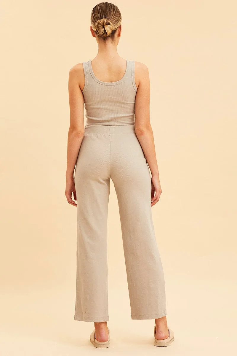 Beige Wide Leg Pant Rib Crop Drawstring Waist