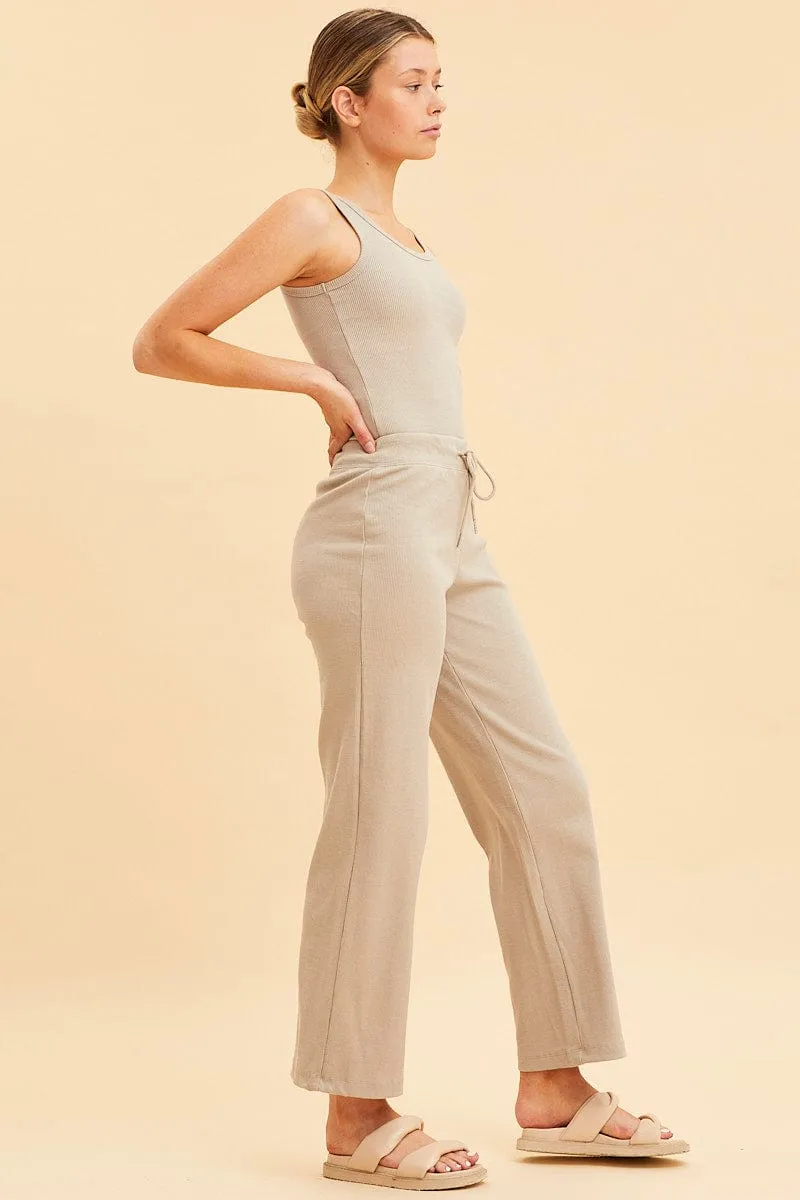Beige Wide Leg Pant Rib Crop Drawstring Waist