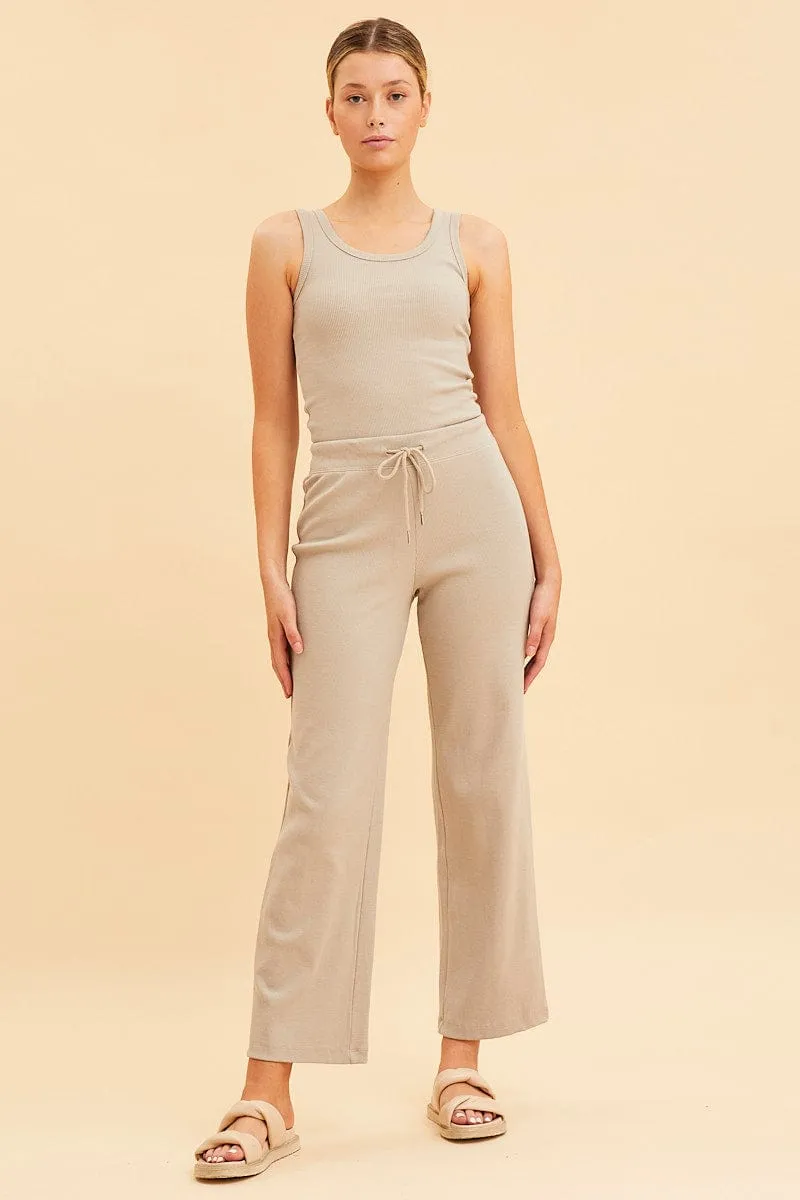 Beige Wide Leg Pant Rib Crop Drawstring Waist