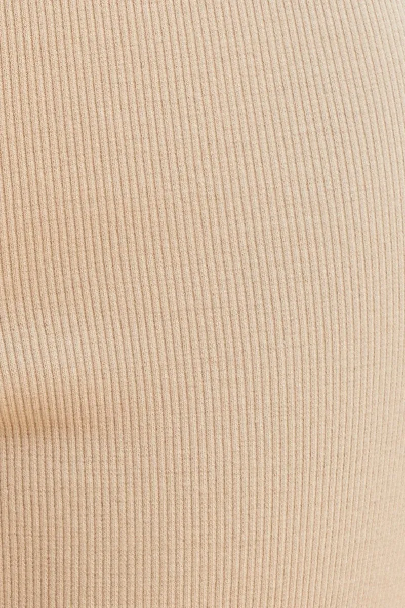Beige Wide Leg Pant Rib Crop Drawstring Waist