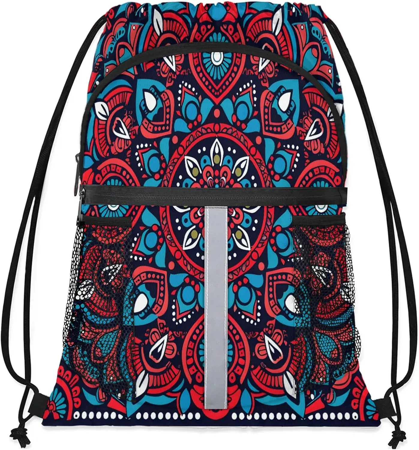 Bohemian Mandala Drawstring Backpack String Bag, Waterproof Sports Gym Swim Sackpack with Mesh Pocket for Men Women