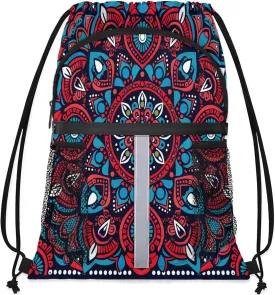 Bohemian Mandala Drawstring Backpack String Bag, Waterproof Sports Gym Swim Sackpack with Mesh Pocket for Men Women
