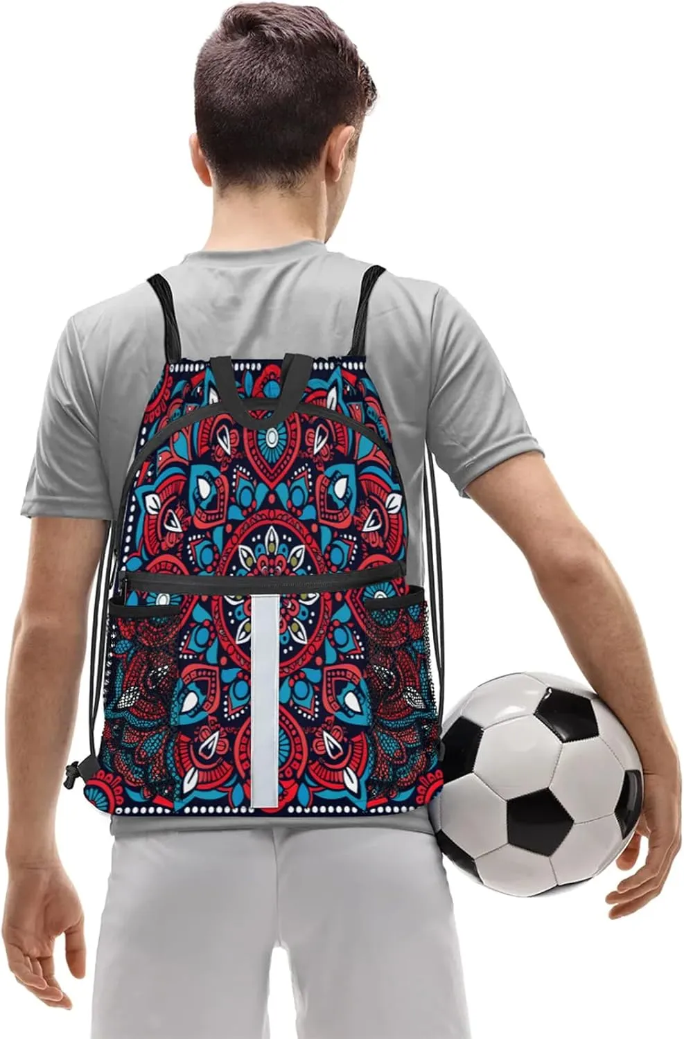 Bohemian Mandala Drawstring Backpack String Bag, Waterproof Sports Gym Swim Sackpack with Mesh Pocket for Men Women
