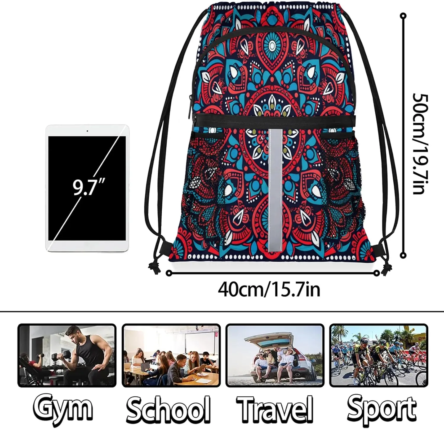 Bohemian Mandala Drawstring Backpack String Bag, Waterproof Sports Gym Swim Sackpack with Mesh Pocket for Men Women
