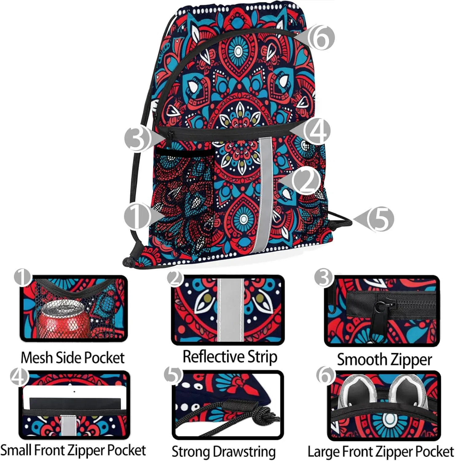 Bohemian Mandala Drawstring Backpack String Bag, Waterproof Sports Gym Swim Sackpack with Mesh Pocket for Men Women
