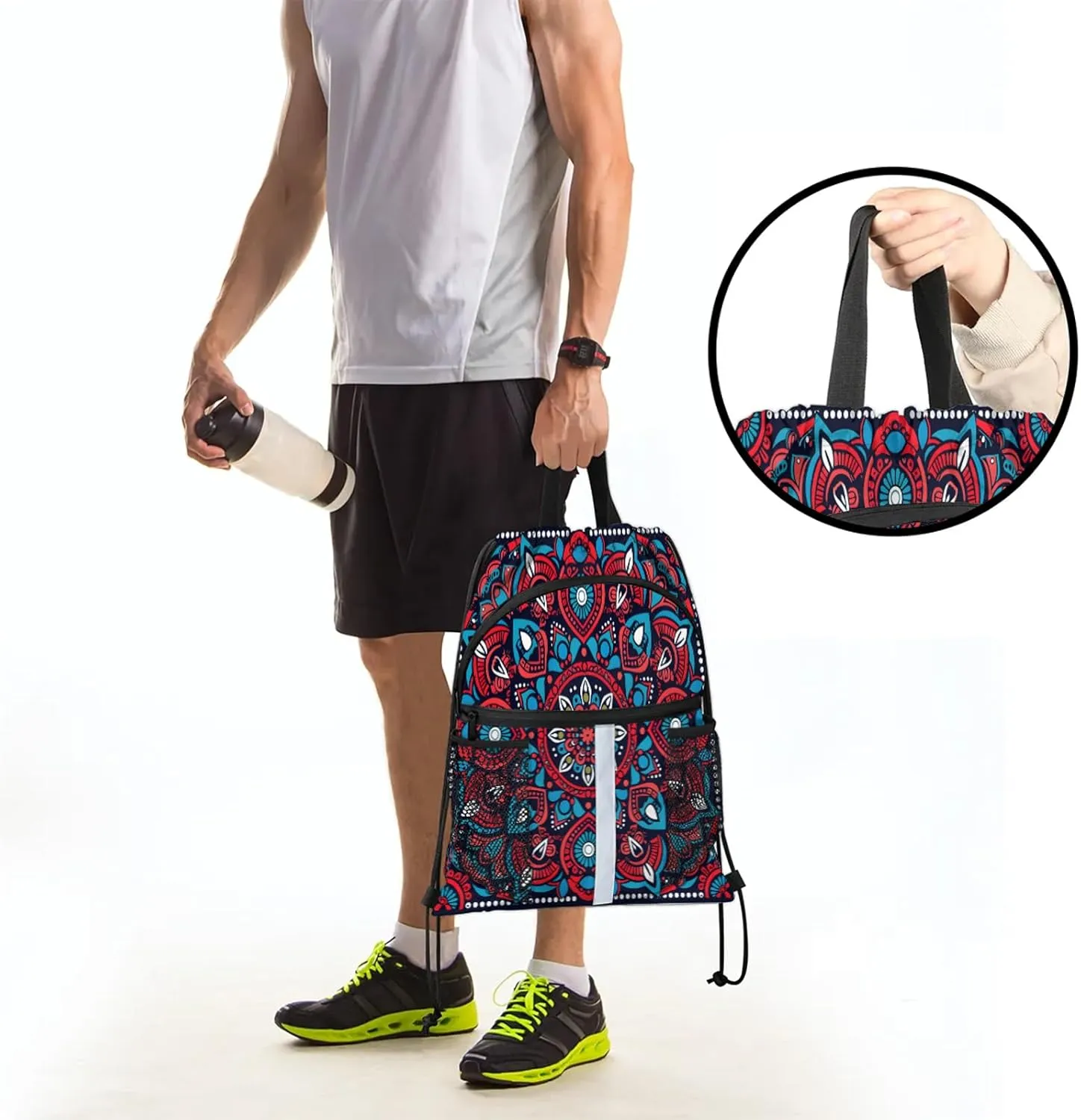 Bohemian Mandala Drawstring Backpack String Bag, Waterproof Sports Gym Swim Sackpack with Mesh Pocket for Men Women