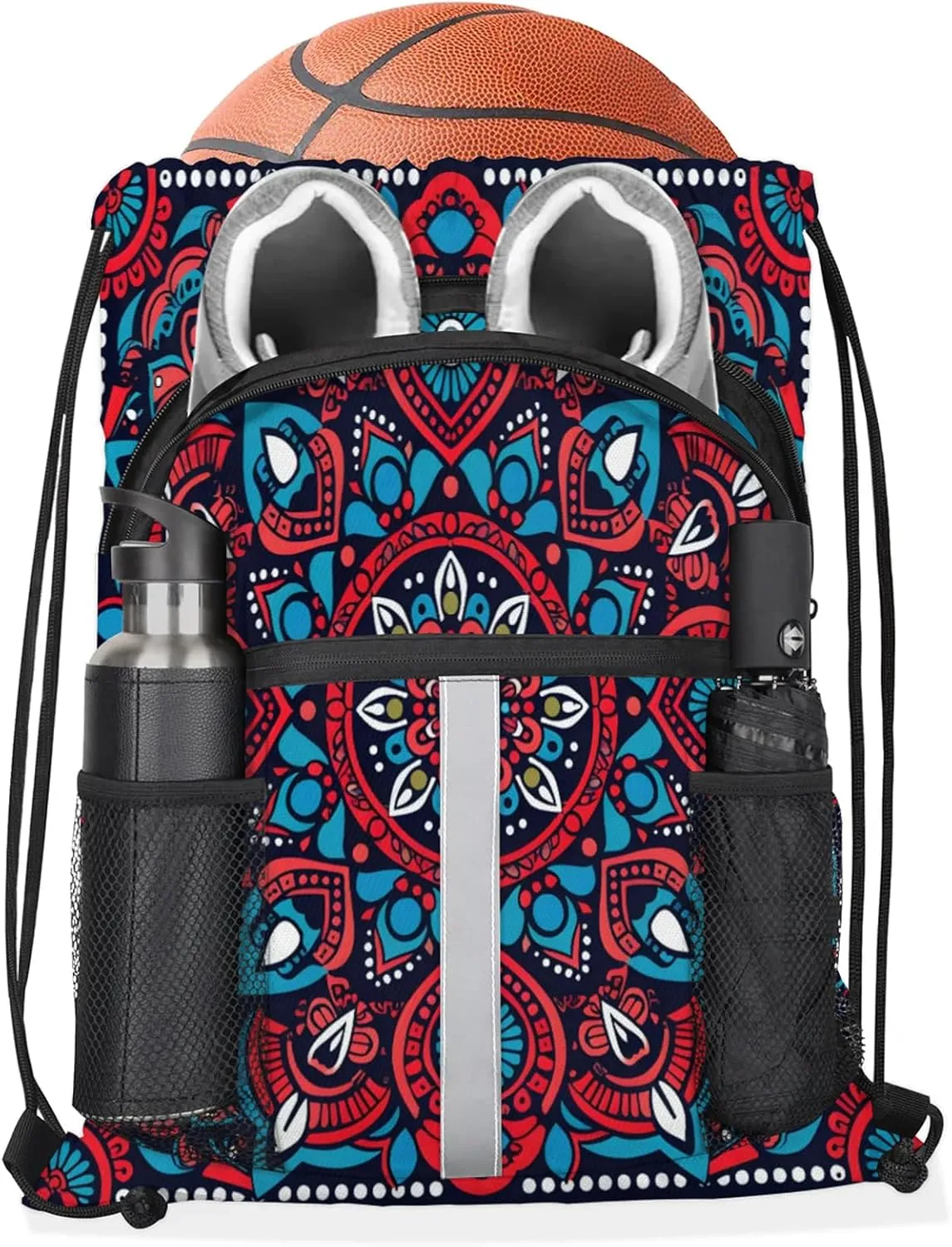 Bohemian Mandala Drawstring Backpack String Bag, Waterproof Sports Gym Swim Sackpack with Mesh Pocket for Men Women