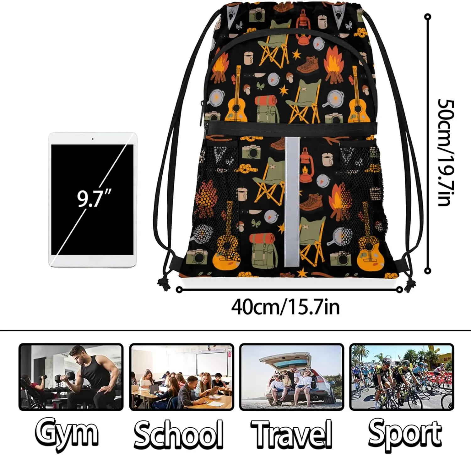 Camping Drawstring Backpack Black Sports Gym Sackpack for Women Men Waterproof String Bag with Mesh Pockets