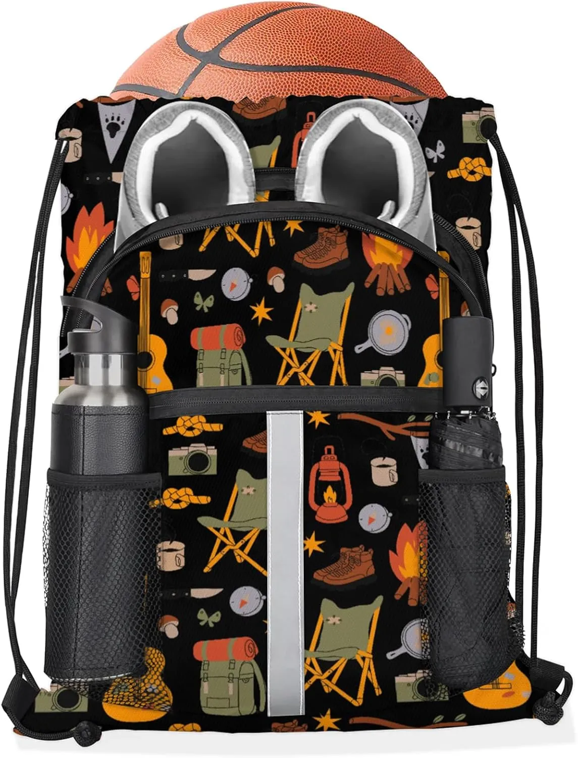 Camping Drawstring Backpack Black Sports Gym Sackpack for Women Men Waterproof String Bag with Mesh Pockets