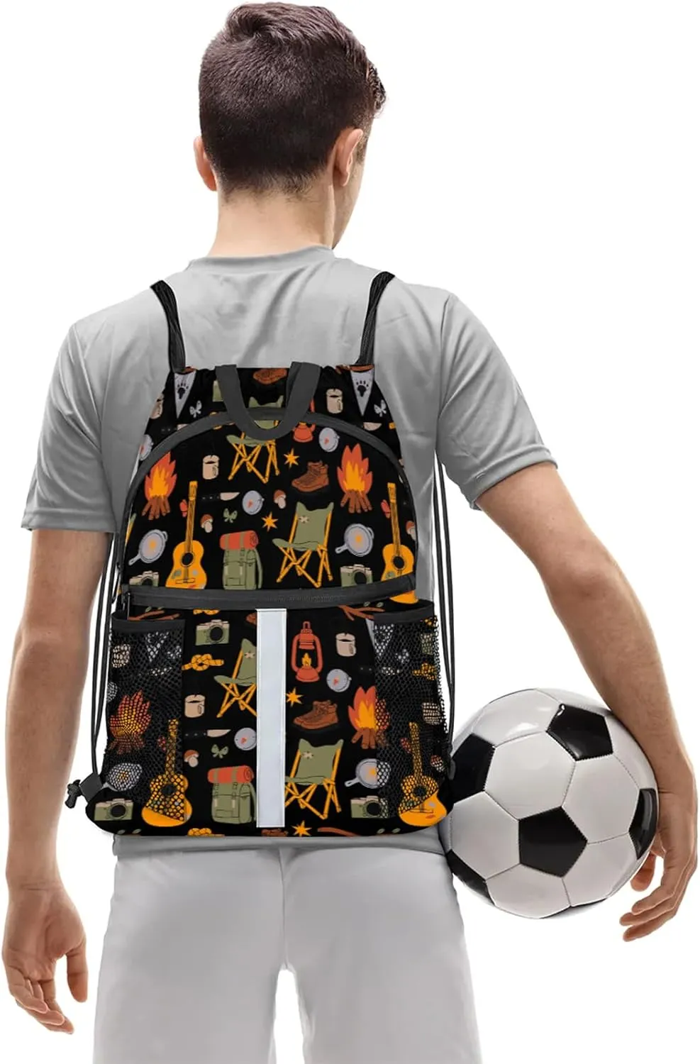 Camping Drawstring Backpack Black Sports Gym Sackpack for Women Men Waterproof String Bag with Mesh Pockets