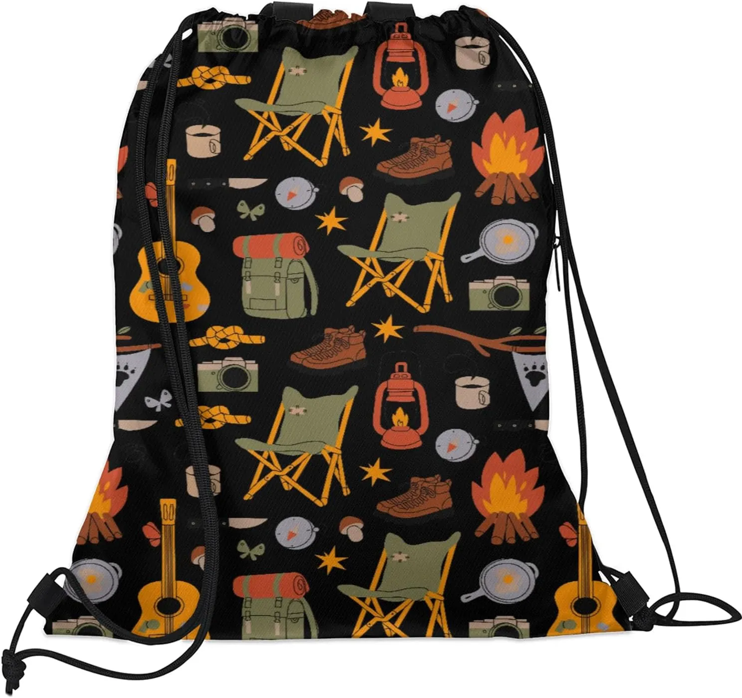 Camping Drawstring Backpack Black Sports Gym Sackpack for Women Men Waterproof String Bag with Mesh Pockets
