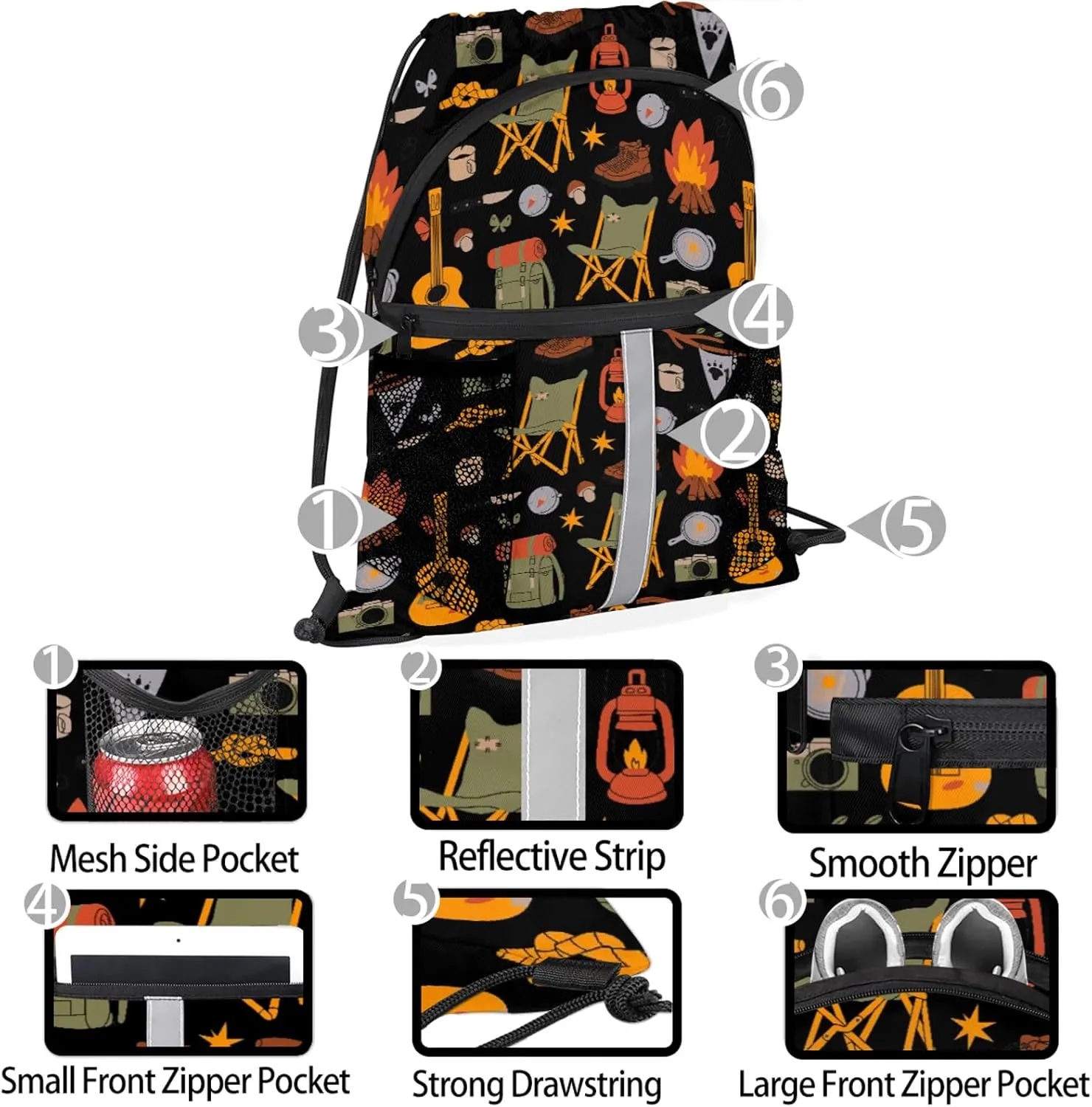Camping Drawstring Backpack Black Sports Gym Sackpack for Women Men Waterproof String Bag with Mesh Pockets
