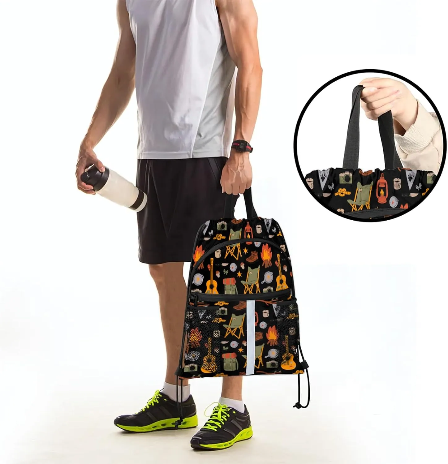 Camping Drawstring Backpack Black Sports Gym Sackpack for Women Men Waterproof String Bag with Mesh Pockets