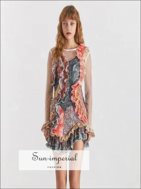Collage Dress - Vintage Sheer Colorful Print Ruffle Mini Dress Neck Long Sleeve High Slim Mini Dress