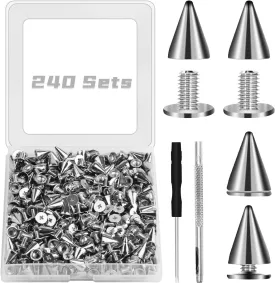 CXIIPOL 240 Sets 9.5 MM Cone Spikes Screwback Studs, Punk Spikes and Studs Kit for Punk Style Clothing, Jackets, Shoes, Belt Bags, Dog Collars