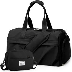 Gym Bag for Women Men, Sport Duffel Bag with Toiletry Bag & Shoe Compartment,Waterproof Travel Weekender Overnight Carry on Bag for Yoga with Trolley Sleeve, Black Set