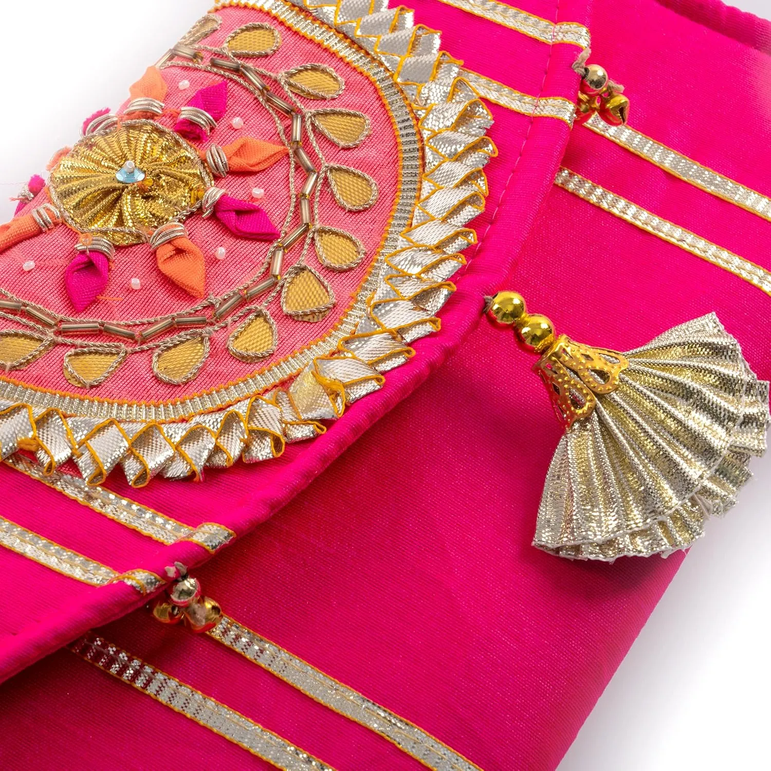 Handmade Gota Pati work Purse Wallet Batawa Clutch Hand Stitched Traditional Ethnic Golden Work Wedding Envelope for Women for Party Wedding Special Occasion and Gifting (Pink - 8.5"x5")