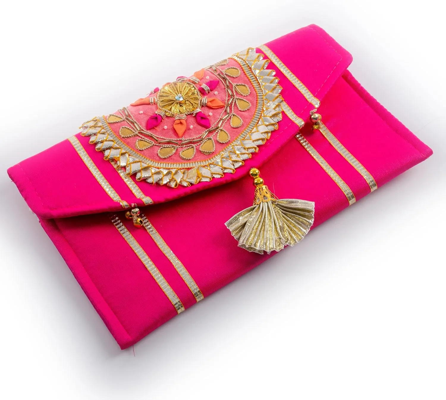 Handmade Gota Pati work Purse Wallet Batawa Clutch Hand Stitched Traditional Ethnic Golden Work Wedding Envelope for Women for Party Wedding Special Occasion and Gifting (Pink - 8.5"x5")