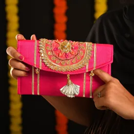Handmade Gota Pati work Purse Wallet Batawa Clutch Hand Stitched Traditional Ethnic Golden Work Wedding Envelope for Women for Party Wedding Special Occasion and Gifting (Pink - 8.5"x5")