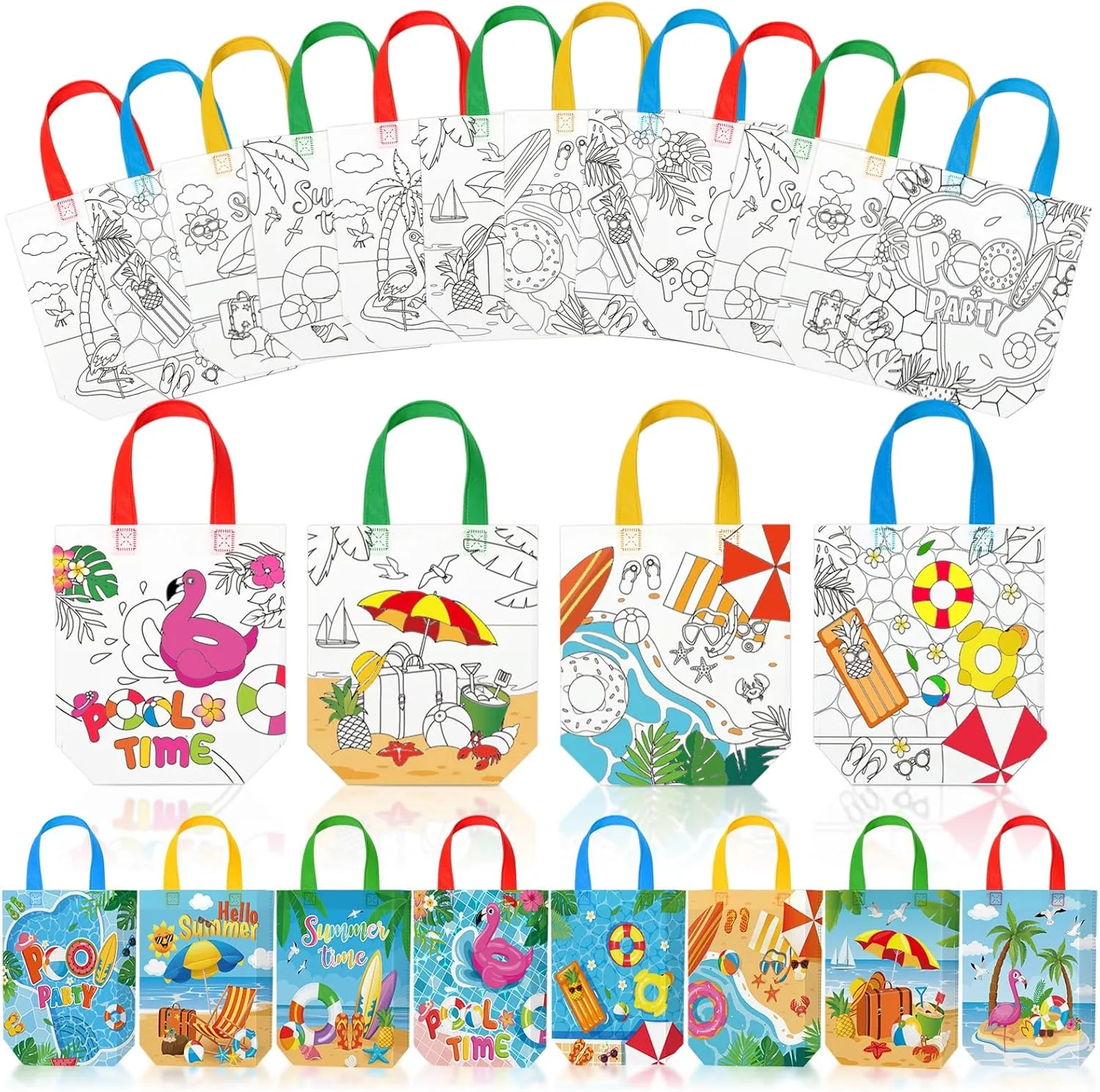 Kajaia 24pc DIY Bags Bulk Coloring Your Own Tote Bag Reusable Non Woven Goodie Bag with Handle for Crafts Painting Party Favor Supplies (Summer Pool)