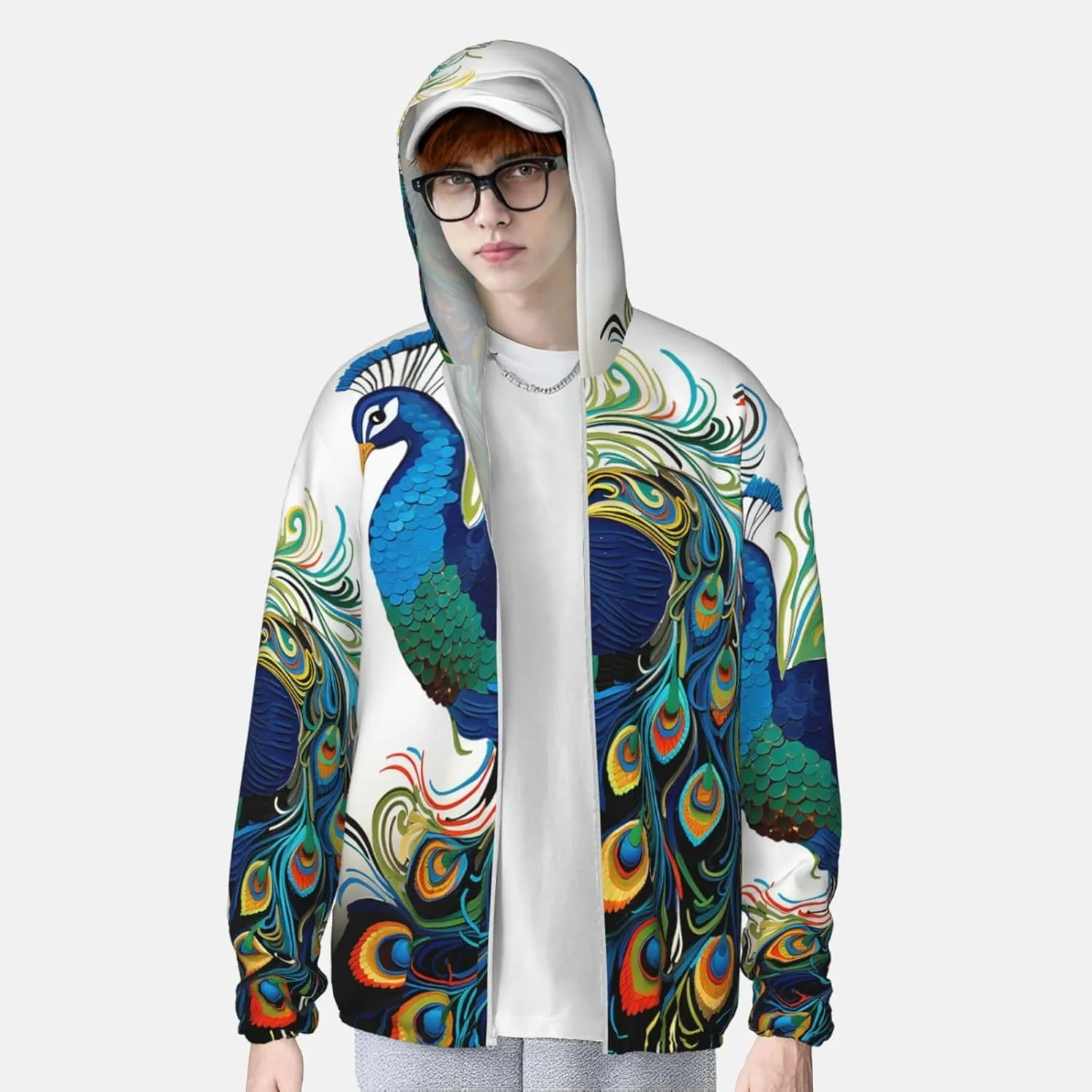 Men's UPF 50  Sun Protection Hoodie Jacket Long Sleeve Outdoor Peacock pattern Sun Shirt for Women Zip