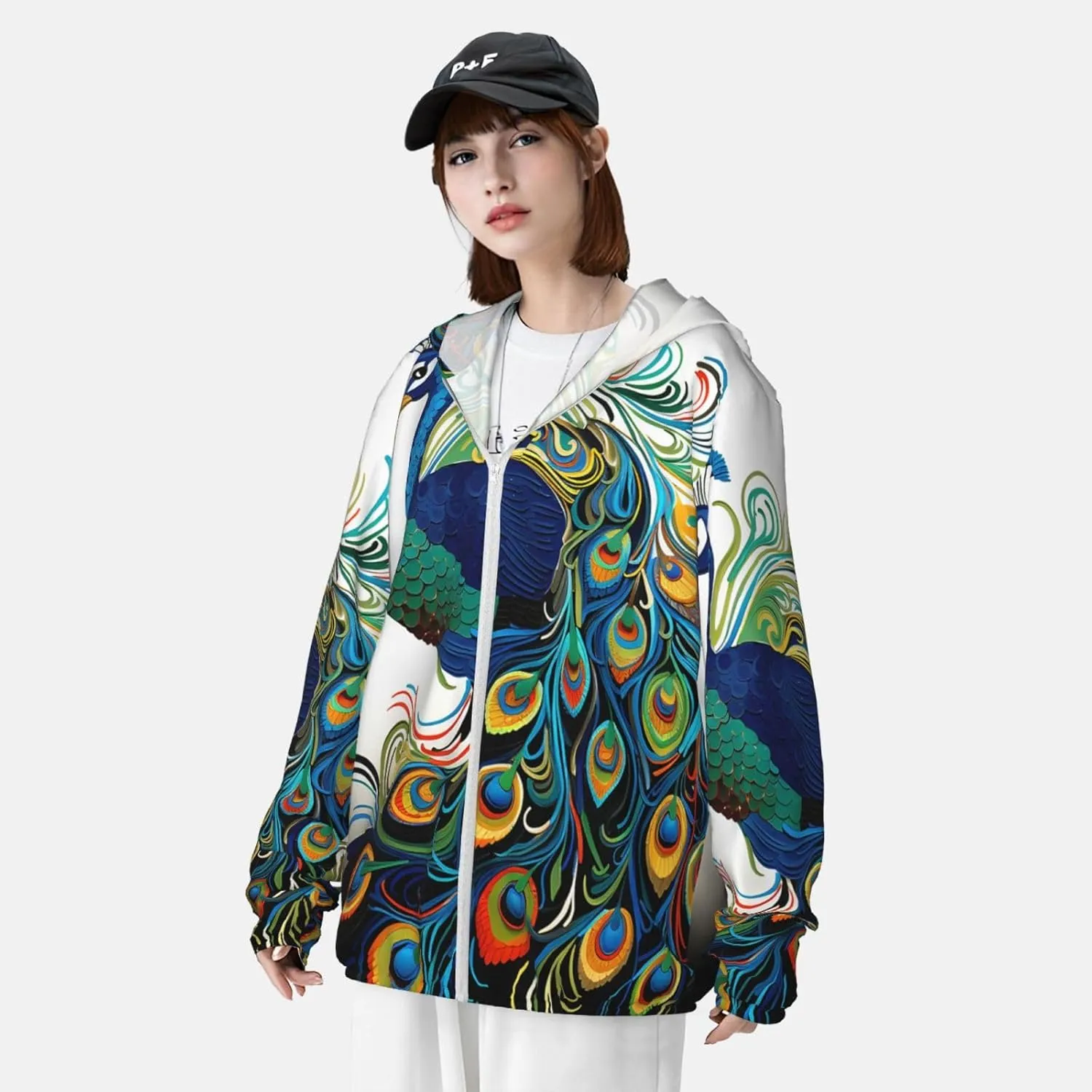 Men's UPF 50  Sun Protection Hoodie Jacket Long Sleeve Outdoor Peacock pattern Sun Shirt for Women Zip