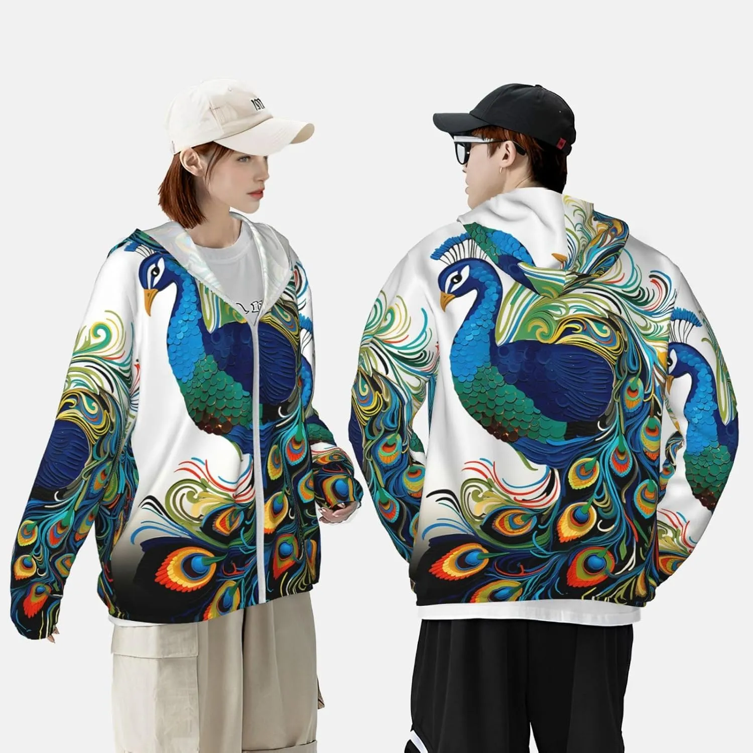 Men's UPF 50  Sun Protection Hoodie Jacket Long Sleeve Outdoor Peacock pattern Sun Shirt for Women Zip