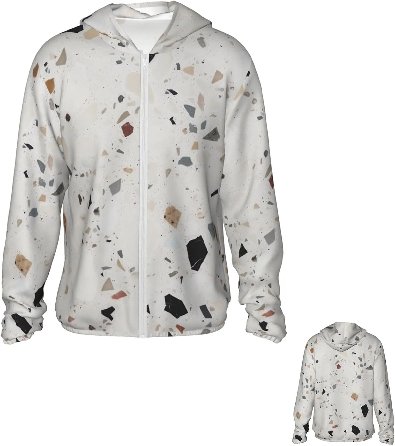 Men's UPF 50  Sun Protection Hoodie Jacket Long Sleeve Outdoor White terrazzo Sun Shirt for Women Zip Pockets