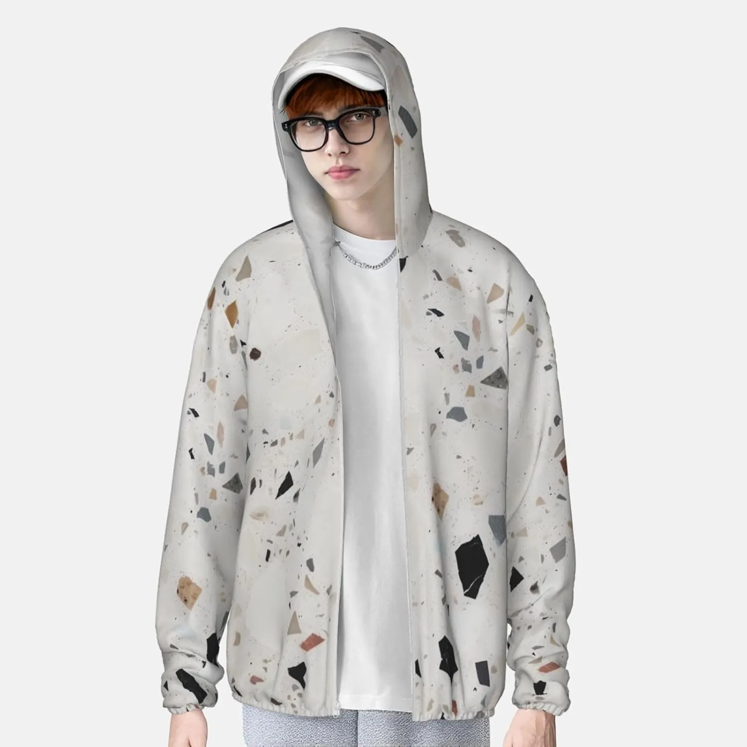 Men's UPF 50  Sun Protection Hoodie Jacket Long Sleeve Outdoor White terrazzo Sun Shirt for Women Zip Pockets