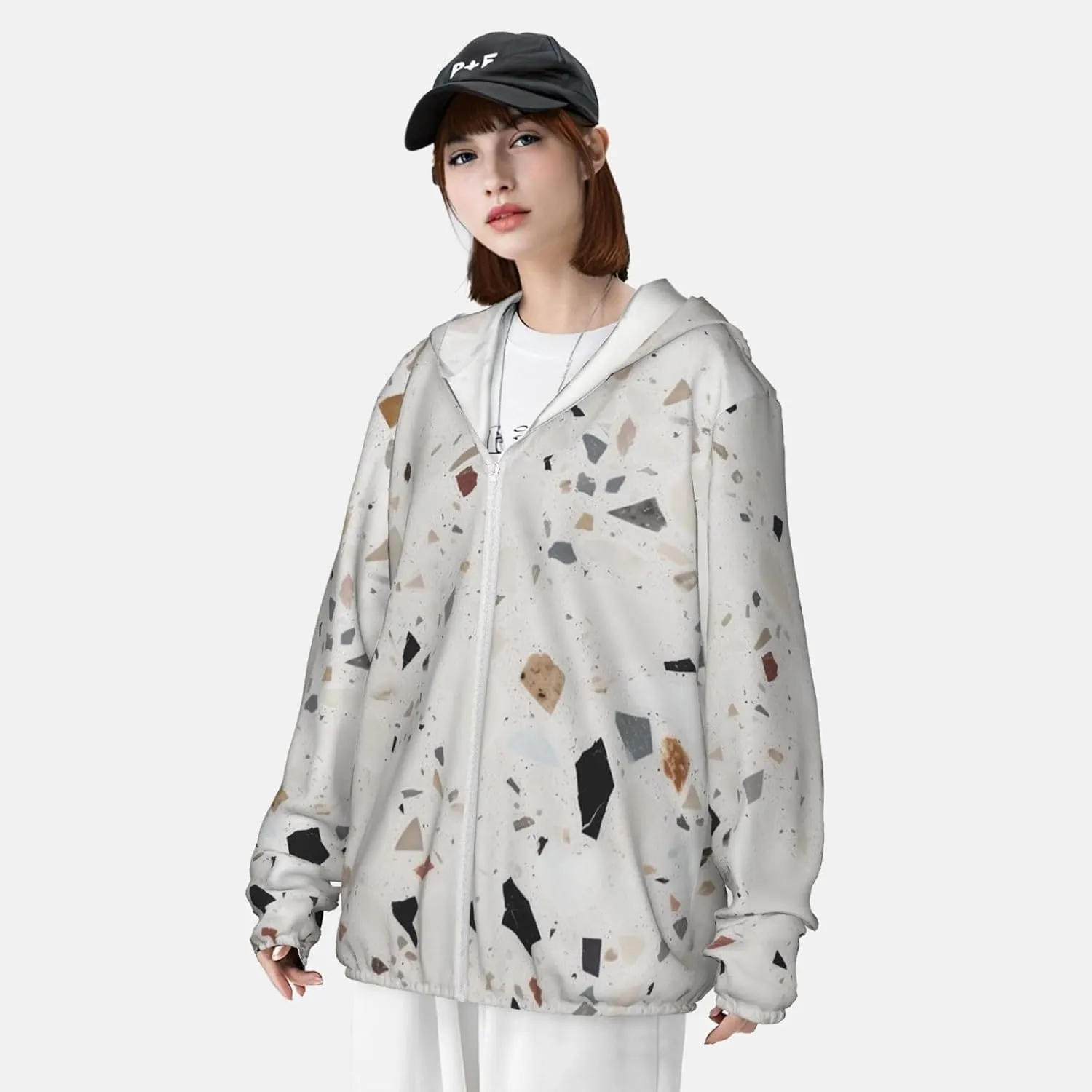 Men's UPF 50  Sun Protection Hoodie Jacket Long Sleeve Outdoor White terrazzo Sun Shirt for Women Zip Pockets