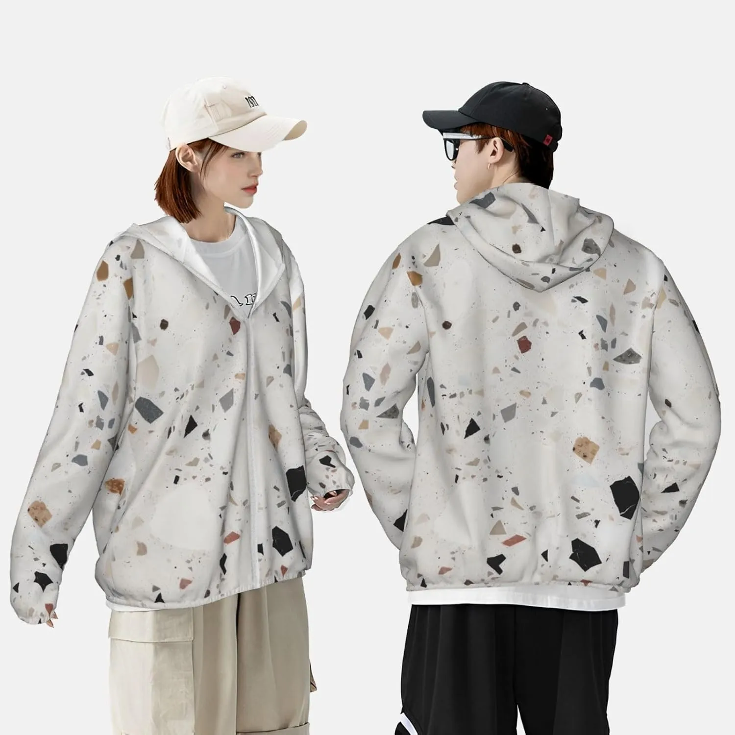 Men's UPF 50  Sun Protection Hoodie Jacket Long Sleeve Outdoor White terrazzo Sun Shirt for Women Zip Pockets