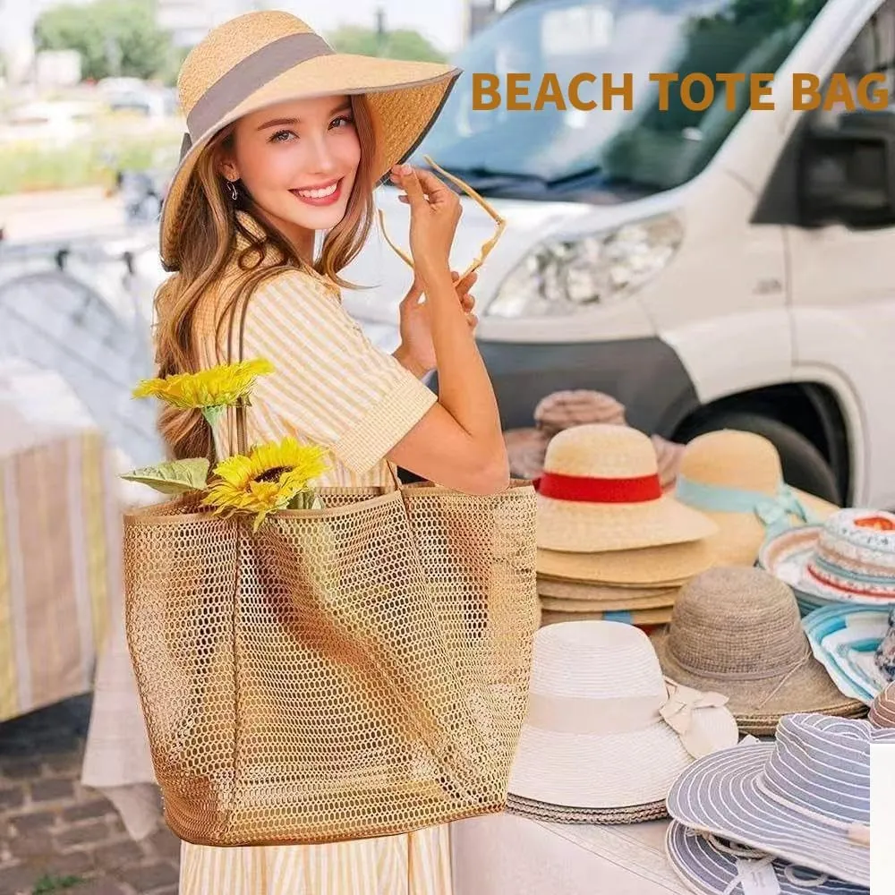 Mesh Beach Tote Bags for Womens, Shoulder Handbag Hobo Pool Bags for Swimming Vacations Summer Essentials