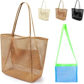 Mesh Beach Tote Bags for Womens, Shoulder Handbag Hobo Pool Bags for Swimming Vacations Summer Essentials