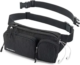 OlimpiaFit Fanny Pack for Women and Men - Waist Bag w/ 6 Anti-Theft Pockets & Plus Size Belt Extension - Water Resistant Travel Accessories - Black
