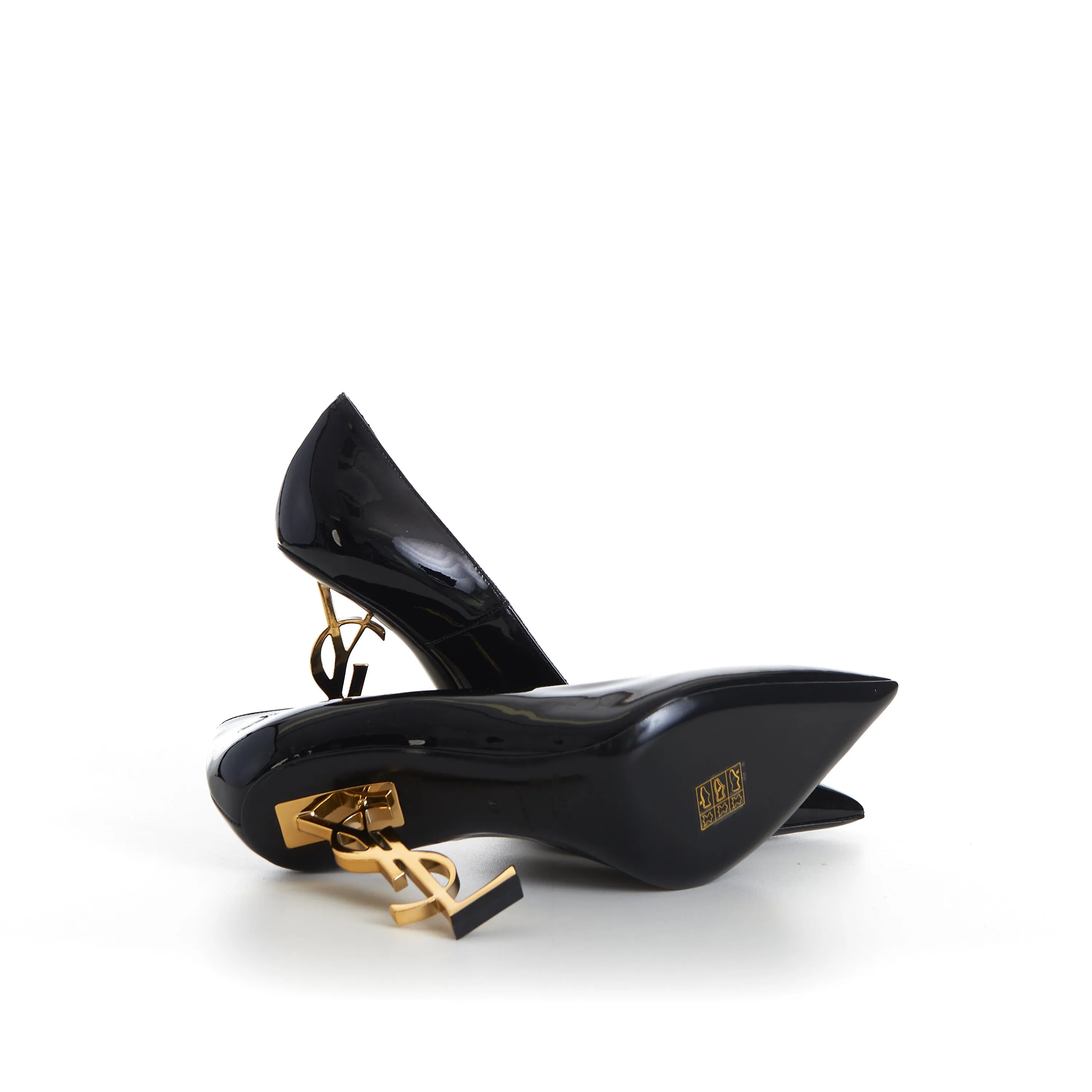Here is an optimized title for the e-commerce product:

Elegant Black Patent Leather Opyum Pumps with Iconic YSL Cassandre Heel