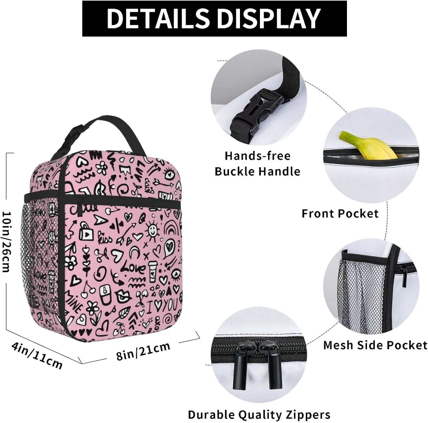 Pink Love Printed Insulated Lunch Bag Kids,Kids Lunch Box for Girls Boys,Bento Lunch Box Cooler Bag with Front Pocket for Women Men,Cute Lunch Tote Bag Lunchbox for Work/Office/School/Picnic