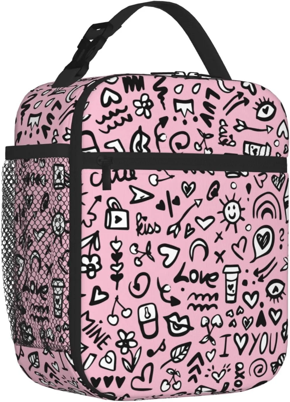 Pink Love Printed Insulated Lunch Bag Kids,Kids Lunch Box for Girls Boys,Bento Lunch Box Cooler Bag with Front Pocket for Women Men,Cute Lunch Tote Bag Lunchbox for Work/Office/School/Picnic