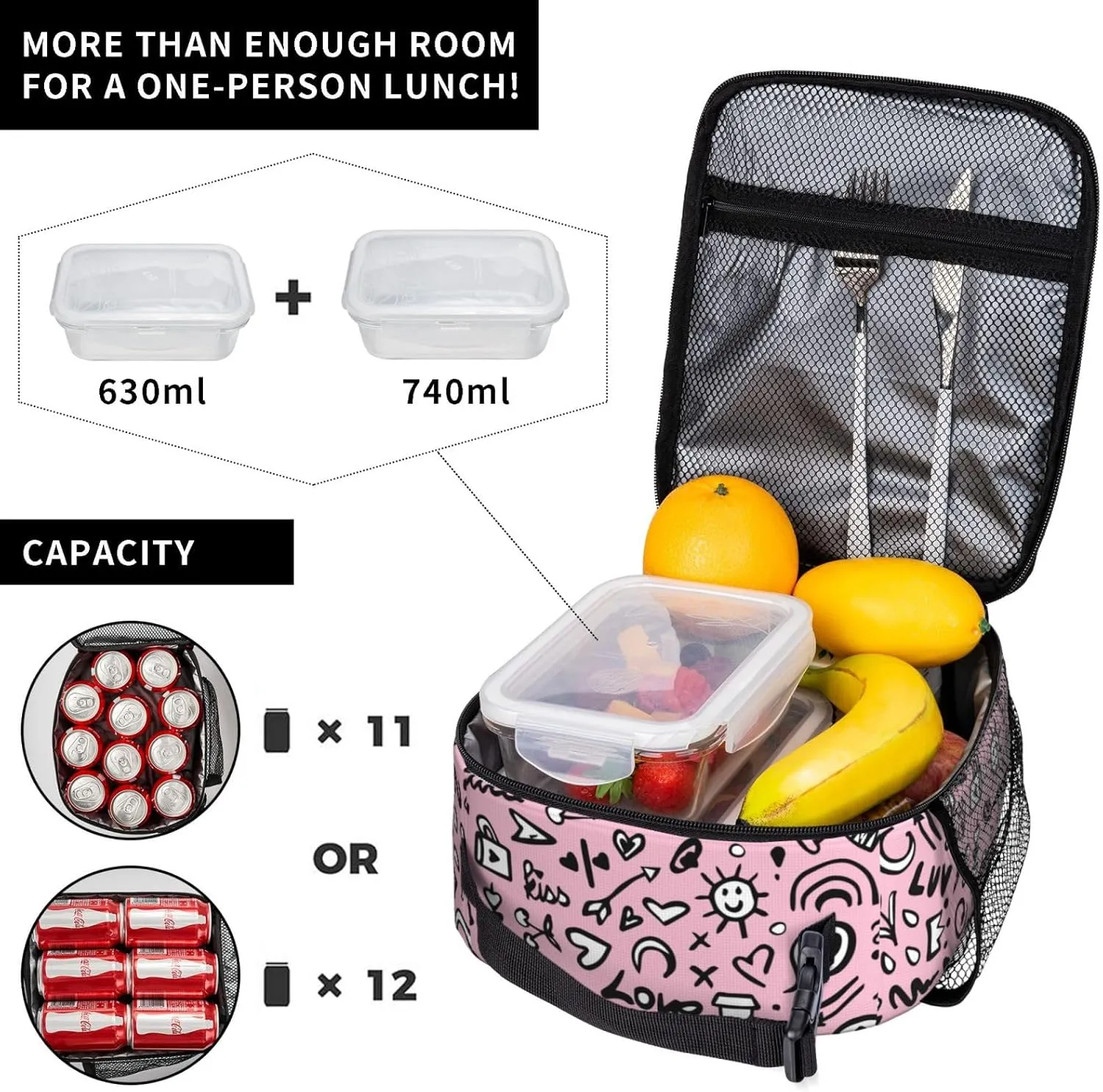 Pink Love Printed Insulated Lunch Bag Kids,Kids Lunch Box for Girls Boys,Bento Lunch Box Cooler Bag with Front Pocket for Women Men,Cute Lunch Tote Bag Lunchbox for Work/Office/School/Picnic