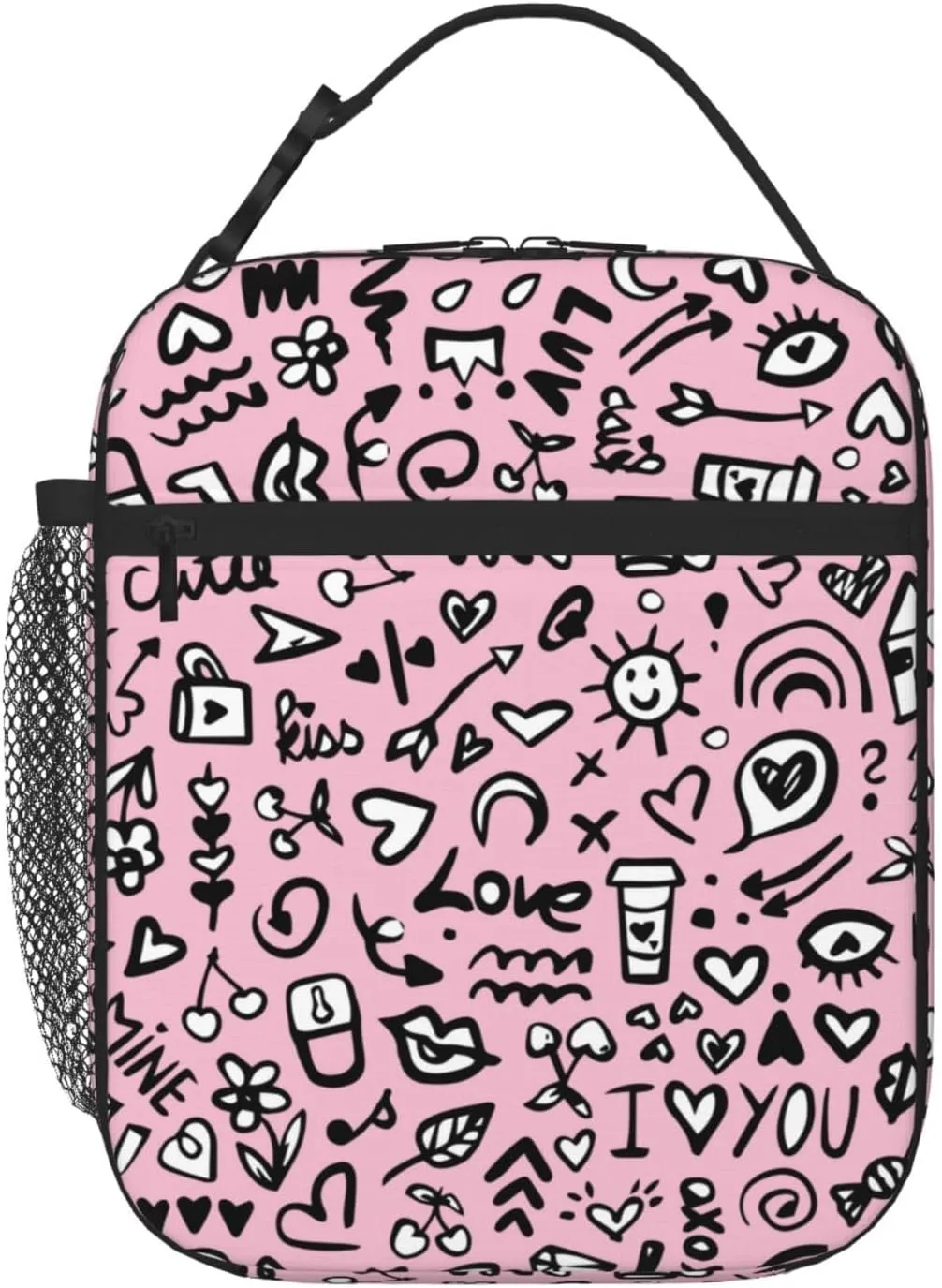 Pink Love Printed Insulated Lunch Bag Kids,Kids Lunch Box for Girls Boys,Bento Lunch Box Cooler Bag with Front Pocket for Women Men,Cute Lunch Tote Bag Lunchbox for Work/Office/School/Picnic