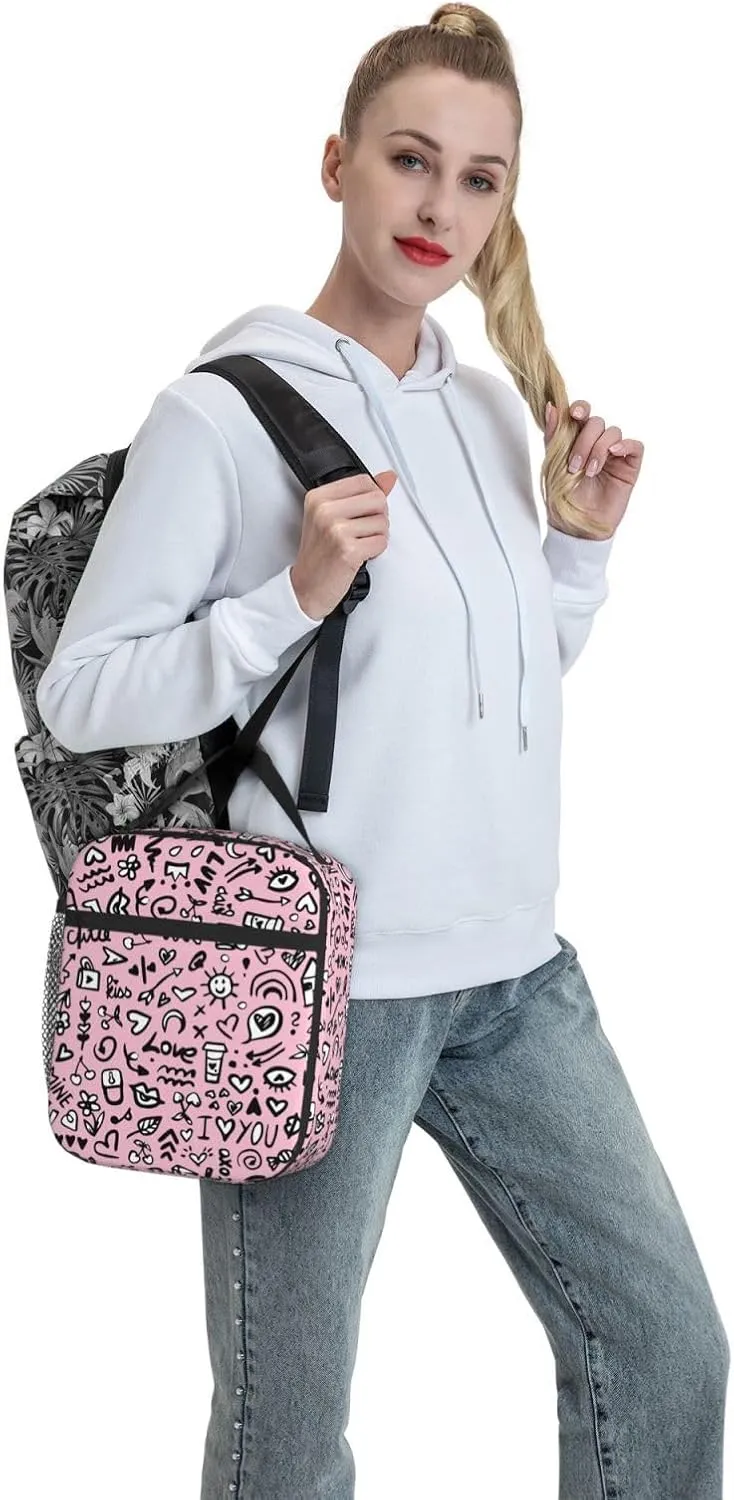 Pink Love Printed Insulated Lunch Bag Kids,Kids Lunch Box for Girls Boys,Bento Lunch Box Cooler Bag with Front Pocket for Women Men,Cute Lunch Tote Bag Lunchbox for Work/Office/School/Picnic