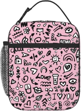 Pink Love Printed Insulated Lunch Bag Kids,Kids Lunch Box for Girls Boys,Bento Lunch Box Cooler Bag with Front Pocket for Women Men,Cute Lunch Tote Bag Lunchbox for Work/Office/School/Picnic