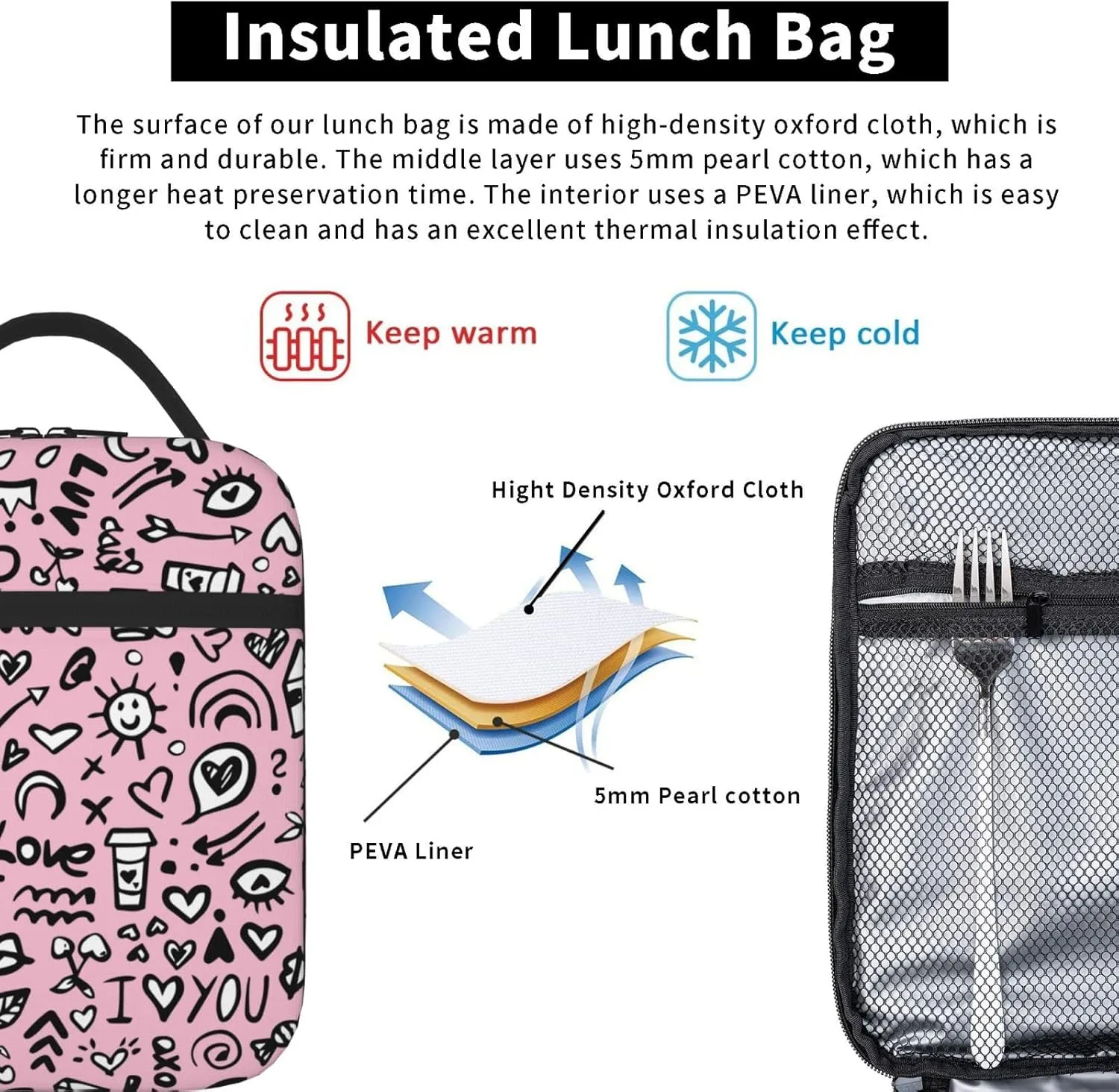 Pink Love Printed Insulated Lunch Bag Kids,Kids Lunch Box for Girls Boys,Bento Lunch Box Cooler Bag with Front Pocket for Women Men,Cute Lunch Tote Bag Lunchbox for Work/Office/School/Picnic