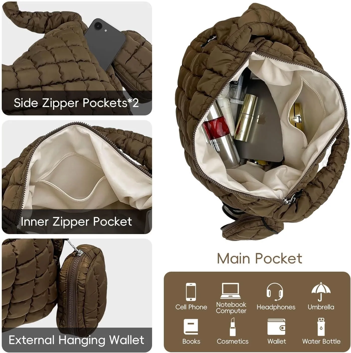 Puffer Tote Bag for Women, Large Quilted Puffer Bag with Pouch, Puffy Quilted Hobo Bag, Puff Crossbody Purse