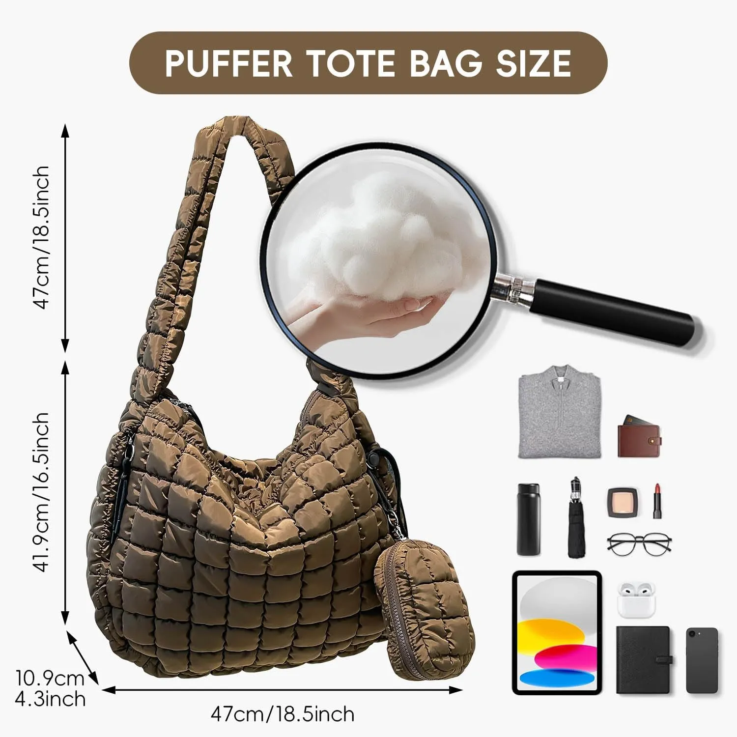 Puffer Tote Bag for Women, Large Quilted Puffer Bag with Pouch, Puffy Quilted Hobo Bag, Puff Crossbody Purse